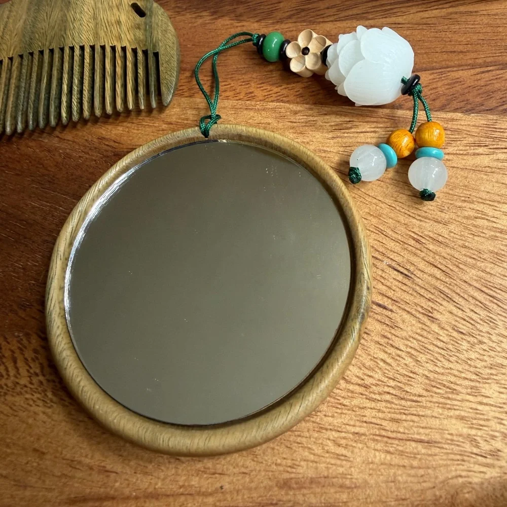 Vintage Style Lotus Vanity Set Mirror Comb Wood Zen Floral Asian Decor